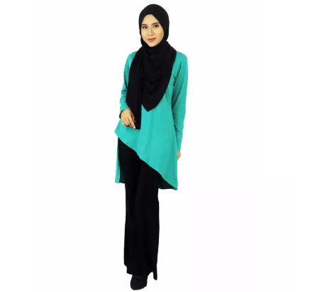 Asimetri Kosong Tunik Turquoise Tops Muslimah  Malaysia 