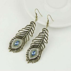 Fashion Retro Diamond Anting Wanita Buatan Bulu Merak 